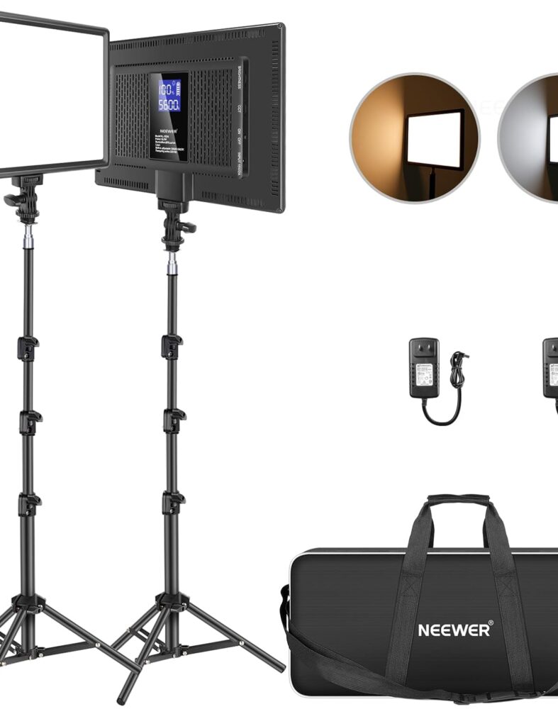 NEEWER 13" LED Video Light Panel Kit, 2 Pack Bi Color Dimmable with Tripod Stand, 4000mAh Battery, 3200K-5600K CRI97+, USB, for Studio/Streaming/YouTube, Black, NL-192AI