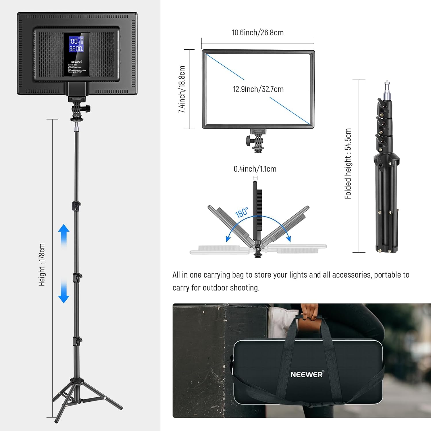NEEWER 13" LED Video Light Panel Kit, 2 Pack Bi Color Dimmable with Tripod Stand, 4000mAh Battery, 3200K-5600K CRI97+, USB, for Studio/Streaming/YouTube, Black, NL-192AI - Image 5