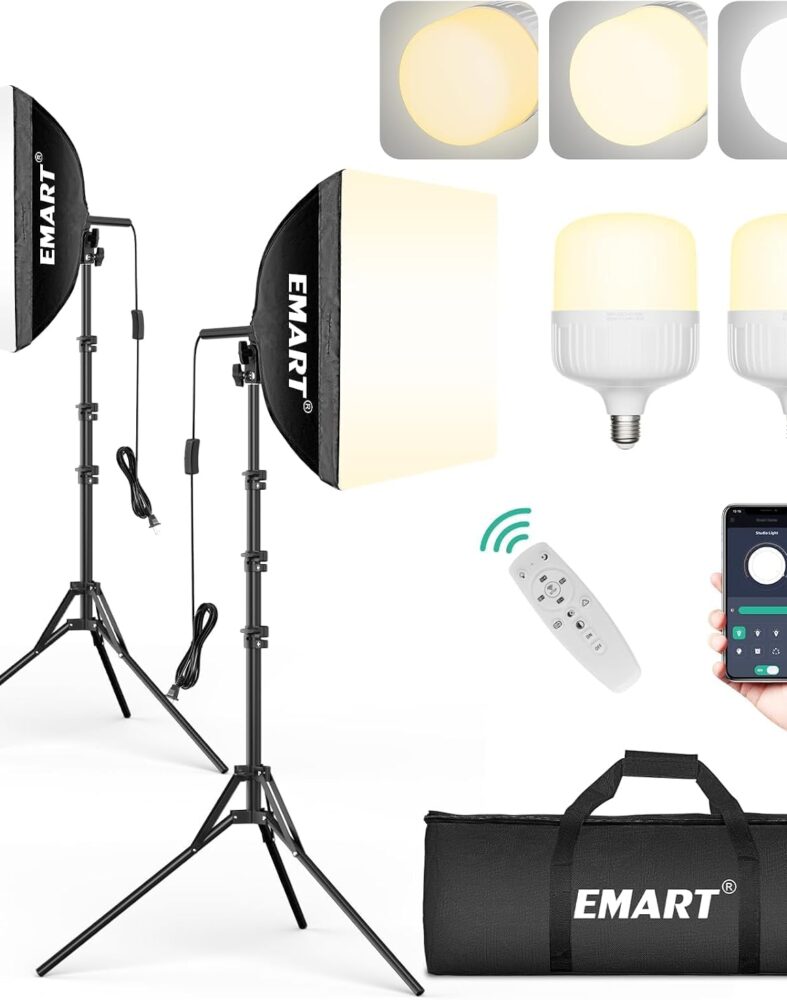 EMART Softbox Photography Lighting Kit 2Pack 50W LED 16"x16" Pull Soft Box | 3000K-6000K LED Bulb with Remote/APP Control, Professional Photography Lighting kit for Portrait, Video Recording, Streaming