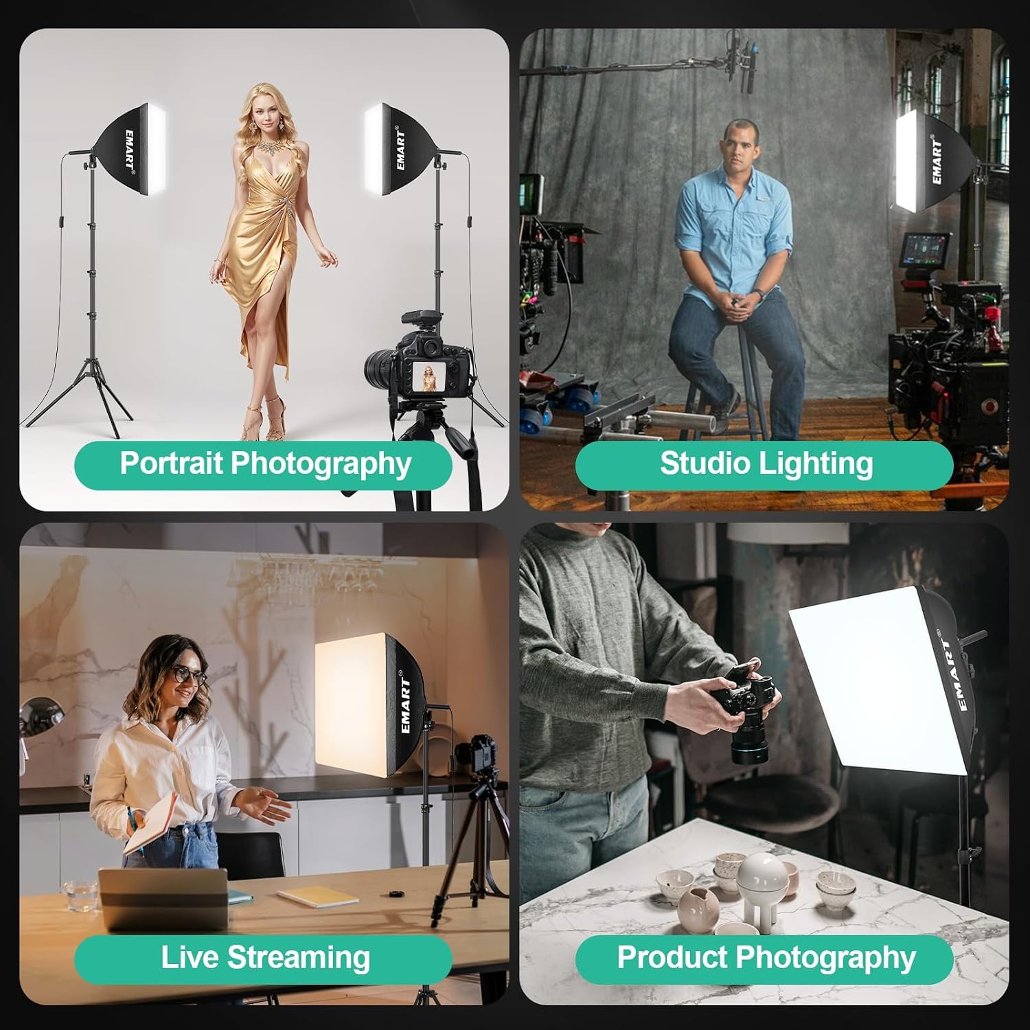 EMART Softbox Photography Lighting Kit 2Pack 50W LED 16"x16" Pull Soft Box | 3000K-6000K LED Bulb with Remote/APP Control, Professional Photography Lighting kit for Portrait, Video Recording, Streaming - Image 6