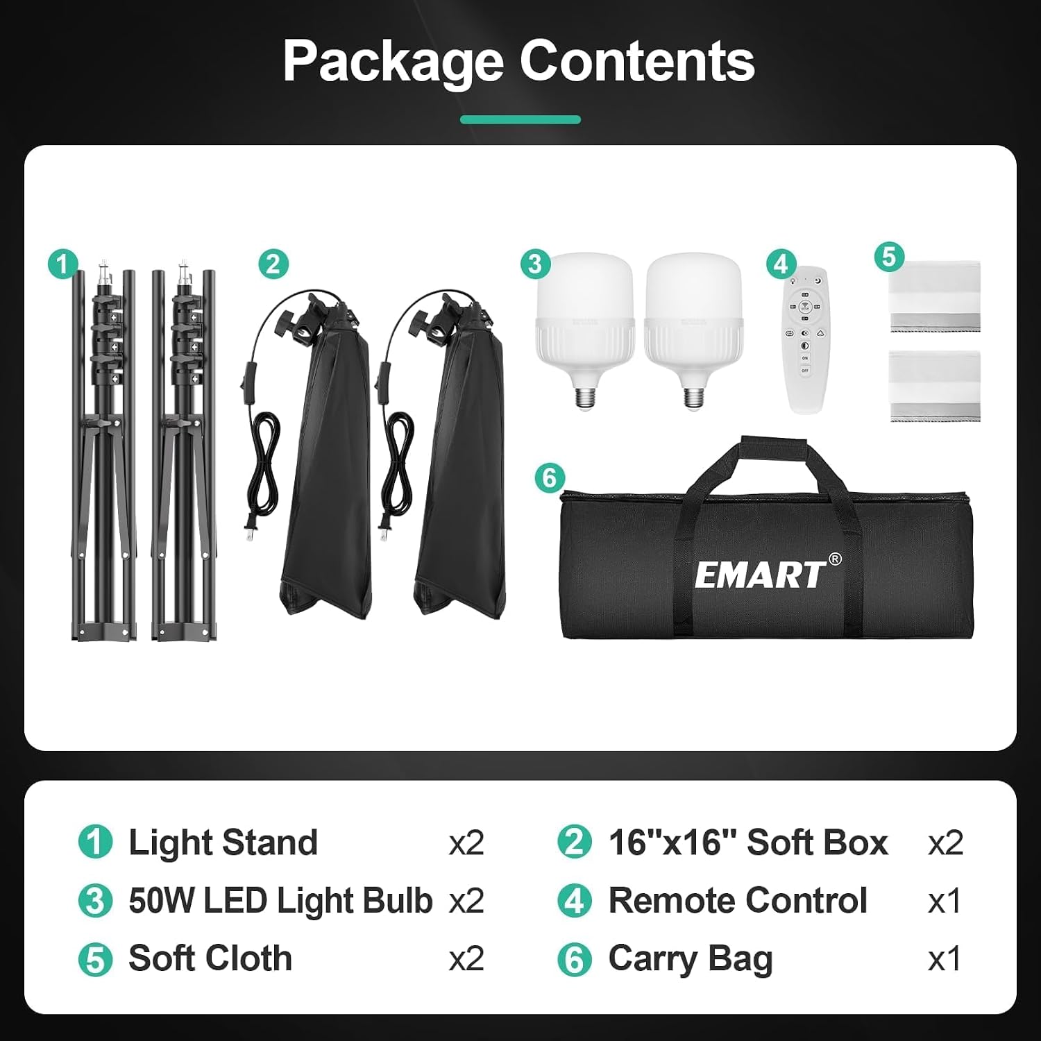 EMART Softbox Photography Lighting Kit 2Pack 50W LED 16"x16" Pull Soft Box | 3000K-6000K LED Bulb with Remote/APP Control, Professional Photography Lighting kit for Portrait, Video Recording, Streaming - Image 7